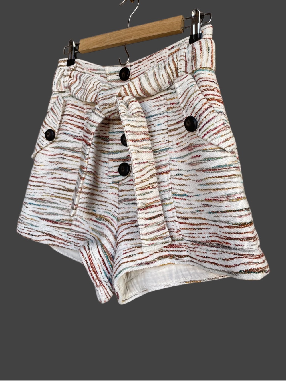SEZANE Multicolor Cream Pink Green Red Zebra Textured Button Belted Kenan Shorts